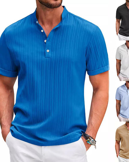 Men's Summer Stand Collar Button Short Sleeve Polo Shirt – Solid Color Striped Casual Beachwear Polo Shirts