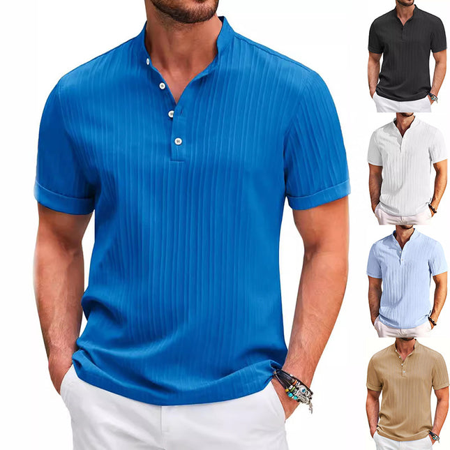 Men's Summer Stand Collar Button Short Sleeve Polo Shirt – Solid Color Striped Casual Beachwear Polo Shirts