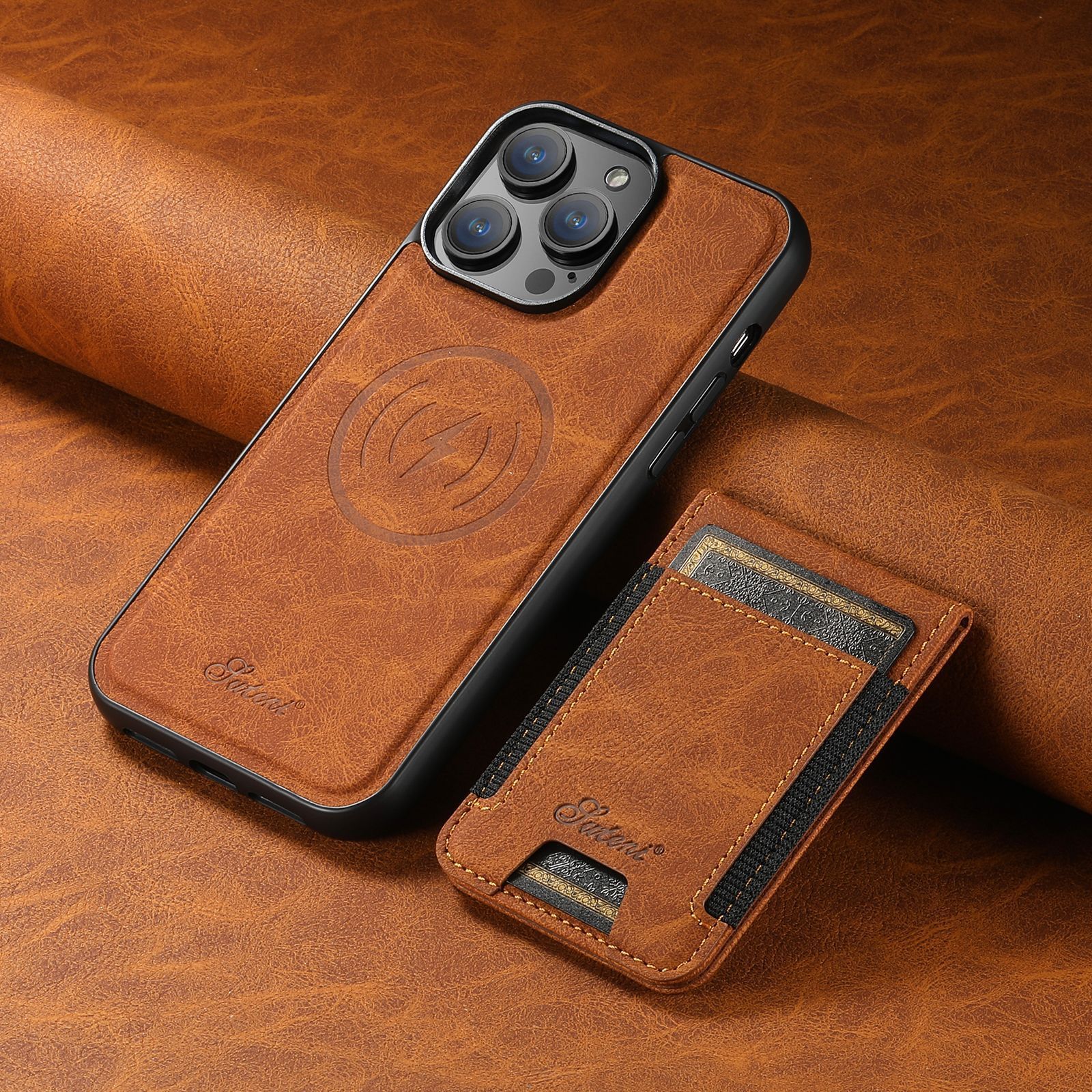 Luxury Leather Phone Case with Card Holder Khaki Phone Case