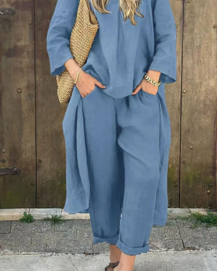 Women's 2-Piece V-Neck Long Sleeve Top & High-Waist Wide-Leg Pants Set with Pockets Light Blue set