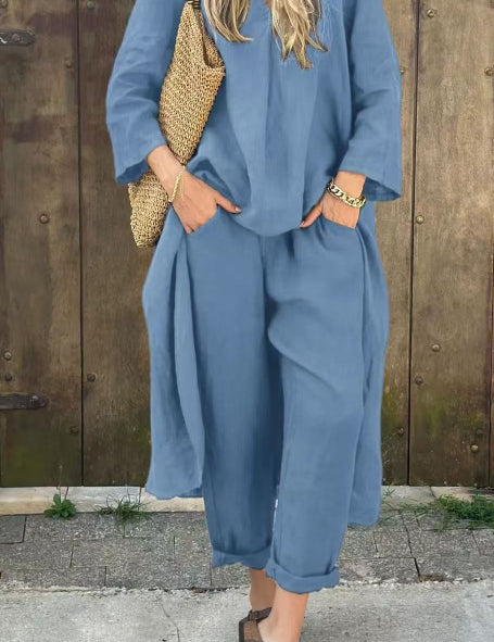 Women's 2-Piece V-Neck Long Sleeve Top & High-Waist Wide-Leg Pants Set with Pockets Light Blue set