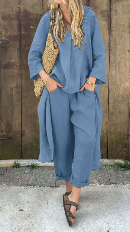 Women's 2-Piece V-Neck Long Sleeve Top & High-Waist Wide-Leg Pants Set with Pockets Light Blue set
