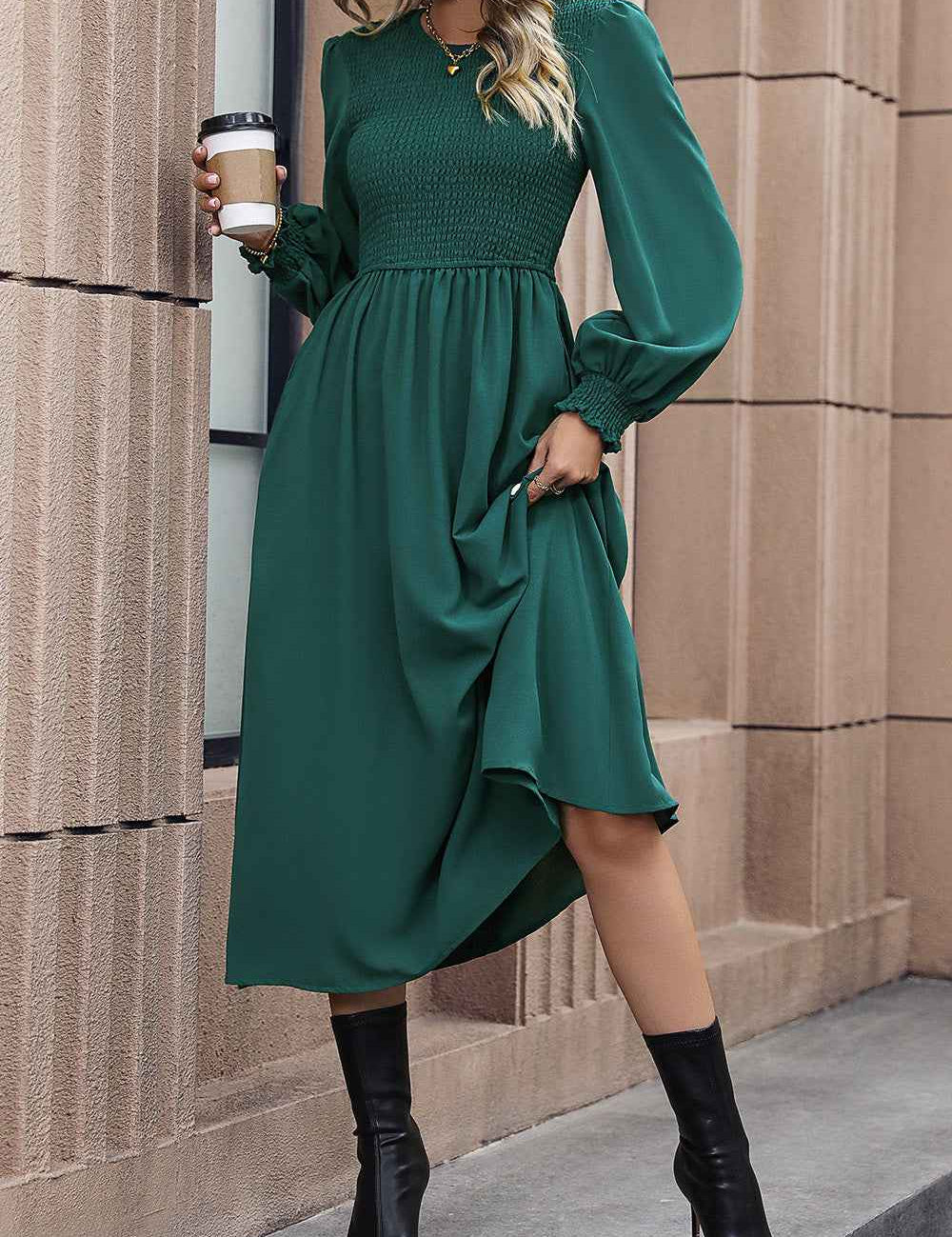 Perfee Smocked Long Sleeve Midi Dress