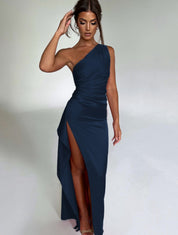 Elegant One-Shoulder Backless Satin Dress with High Slit Blue Dresses