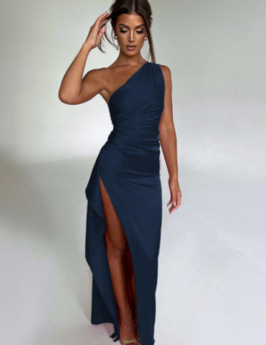 Elegant One-Shoulder Backless Satin Dress with High Slit Blue Dresses