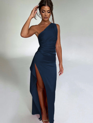 Elegant One-Shoulder Backless Satin Dress with High Slit Blue Dresses