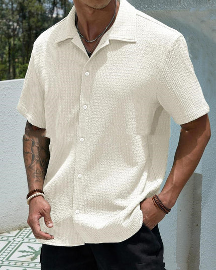 Men’s Solid-Color Short-Sleeve Button Lapel Shirt Beige Shirts
