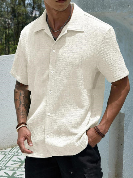 Men’s Solid-Color Short-Sleeve Button Lapel Shirt Beige Shirts