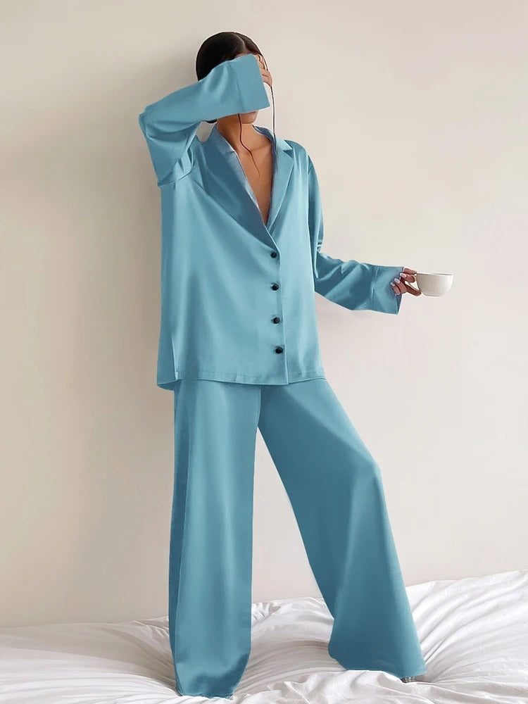 Ultra-Luxe Women’s Silk Wide-Leg Pajama Set Outfit Sets