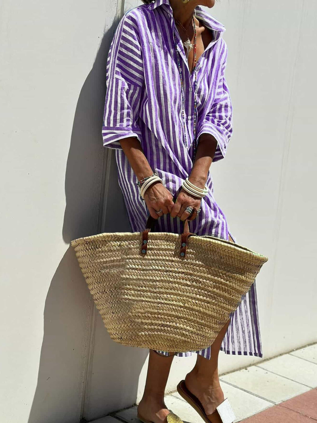 Striped Shirt Dress With Belt Purple Dresses