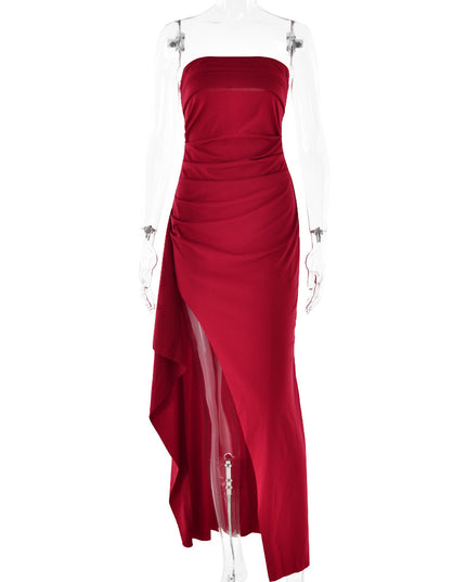 Strapless Pleated Split Long Dress Wine Red Dresses