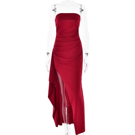 Strapless Pleated Split Long Dress Wine Red Dresses