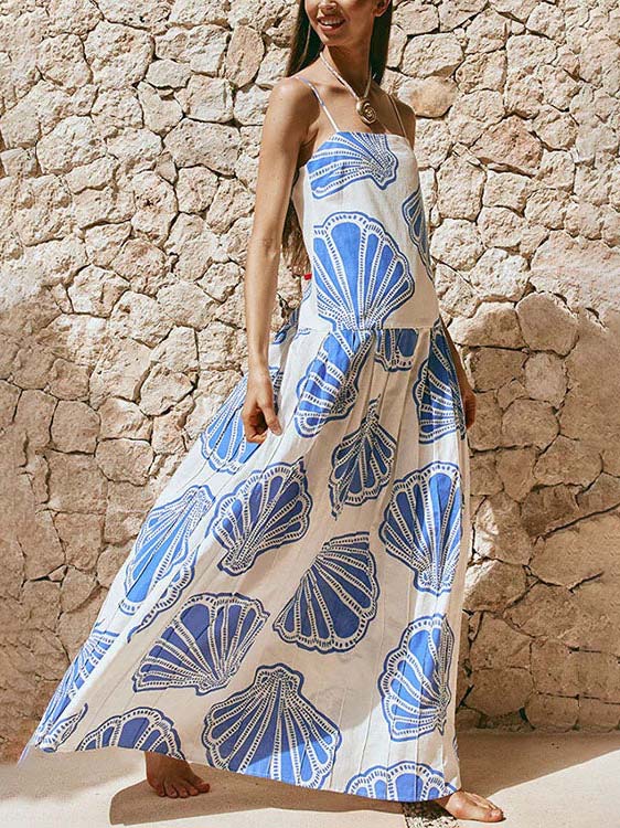 Holiday Casual Ocean Shell Print Sling Maxi Dress Dresses