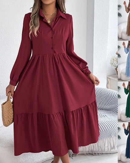 Women's Lapel Loose Ruffled Shirt Dress – Casual Long-Sleeve Vacation Dress Dresses