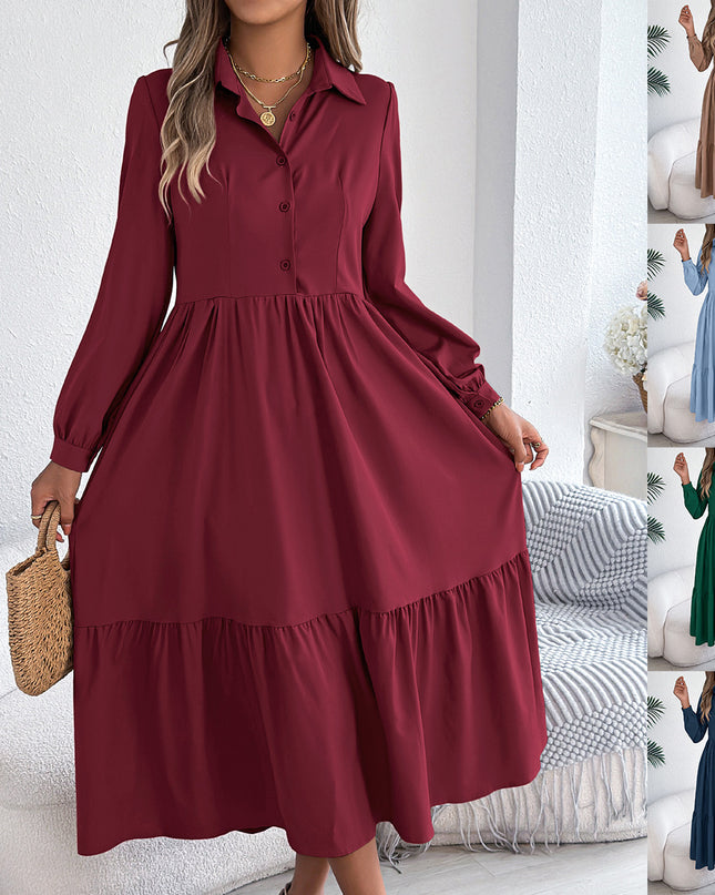 Women's Lapel Loose Ruffled Shirt Dress – Casual Long-Sleeve Vacation Dress Dresses