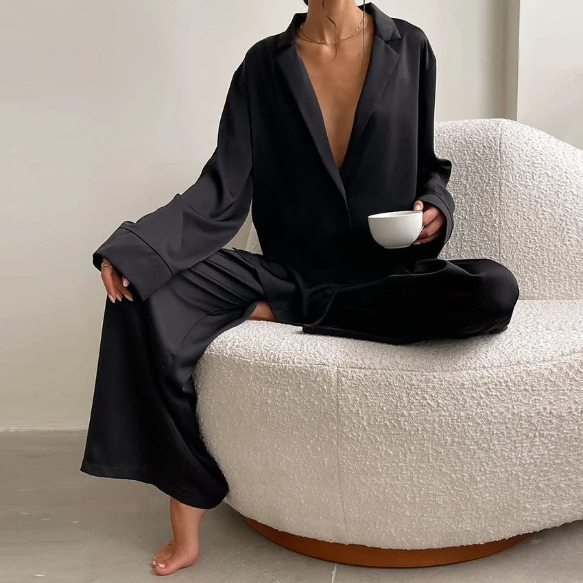 Ultra-Luxe Women’s Silk Wide-Leg Pajama Set Outfit Sets