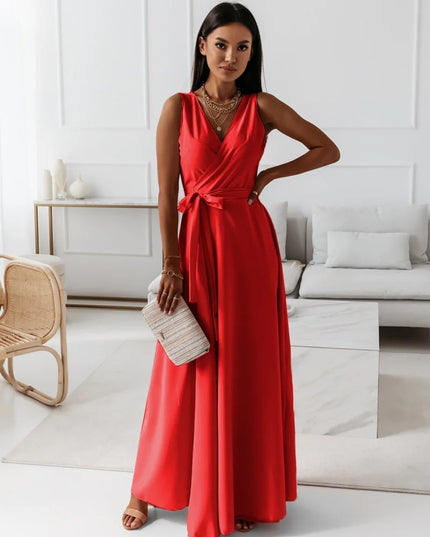 Women's V-Neck Sleeveless Belted Maxi Dress Red Dress