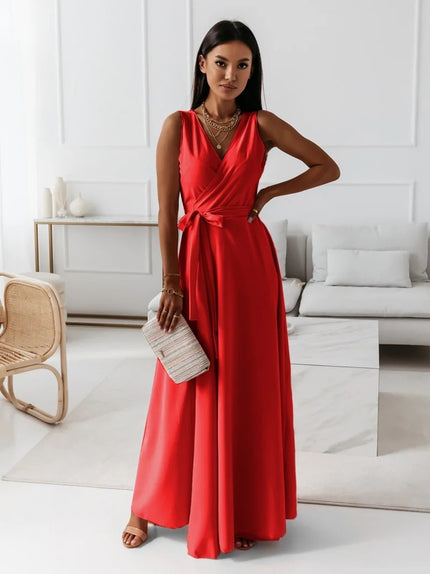 Women's V-Neck Sleeveless Belted Maxi Dress Red Dress