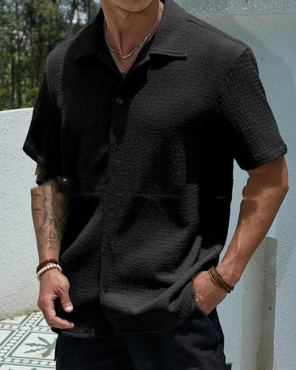 Men’s Solid-Color Short-Sleeve Button Lapel Shirt Black Shirts