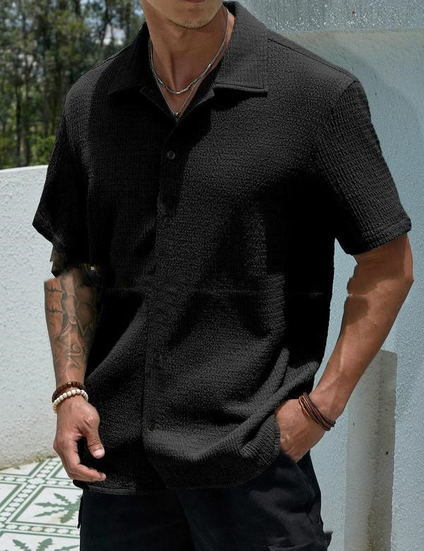 Men’s Solid-Color Short-Sleeve Button Lapel Shirt Black Shirts
