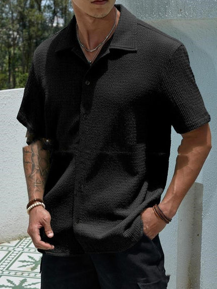 Men’s Solid-Color Short-Sleeve Button Lapel Shirt Black Shirts