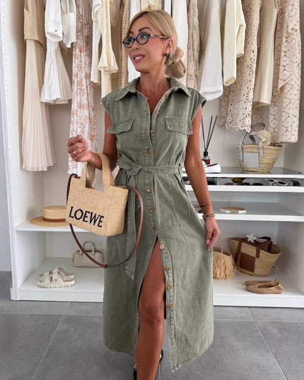 Women’s Sleeveless Lace‑Up Denim Midi Dress with Pockets & Lapel Dresses