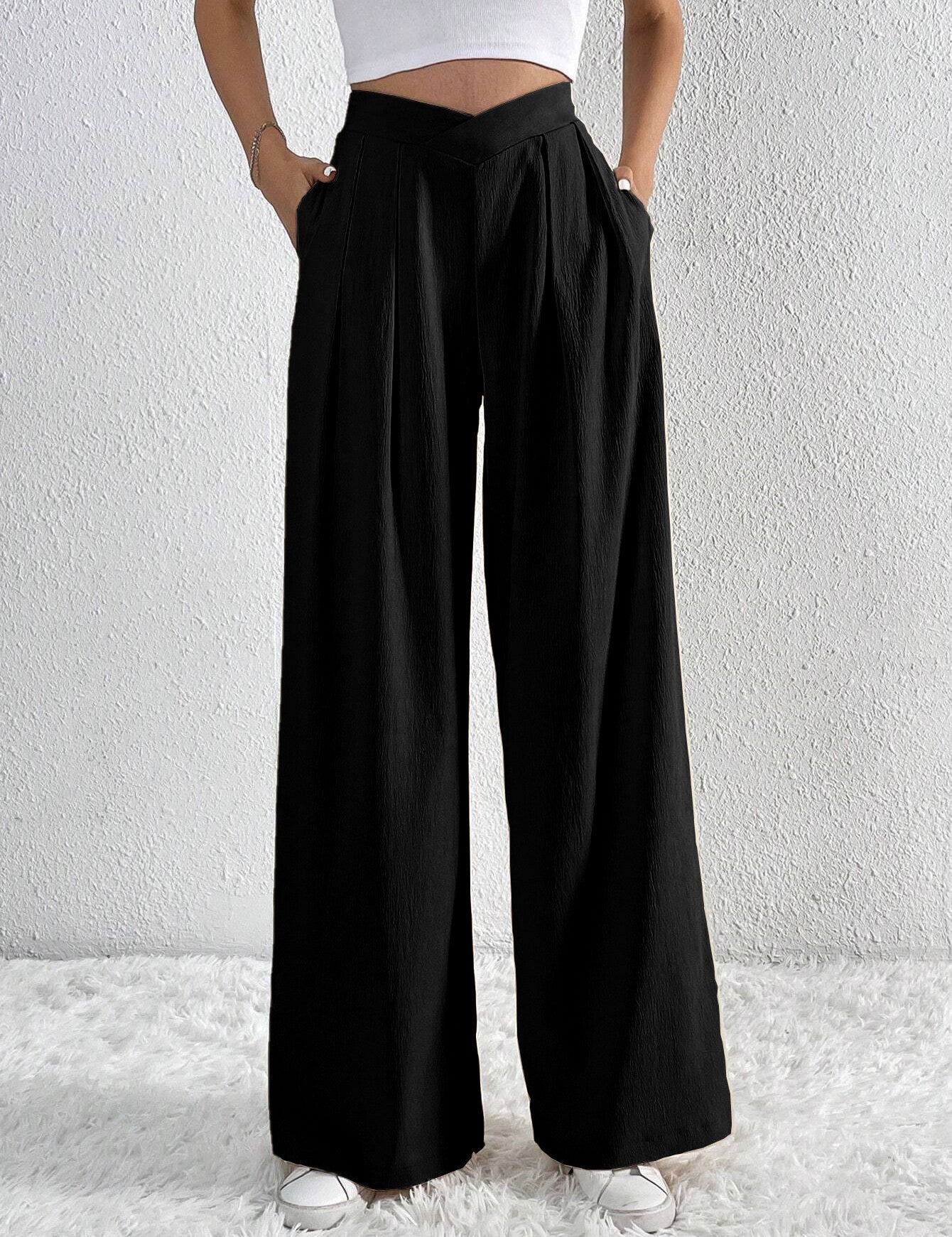 Summer New Solid Color Pleated Casual Wide-leg Pants Loose Casual Women's Commuting Versatile Style Comfortable TrousersS Black