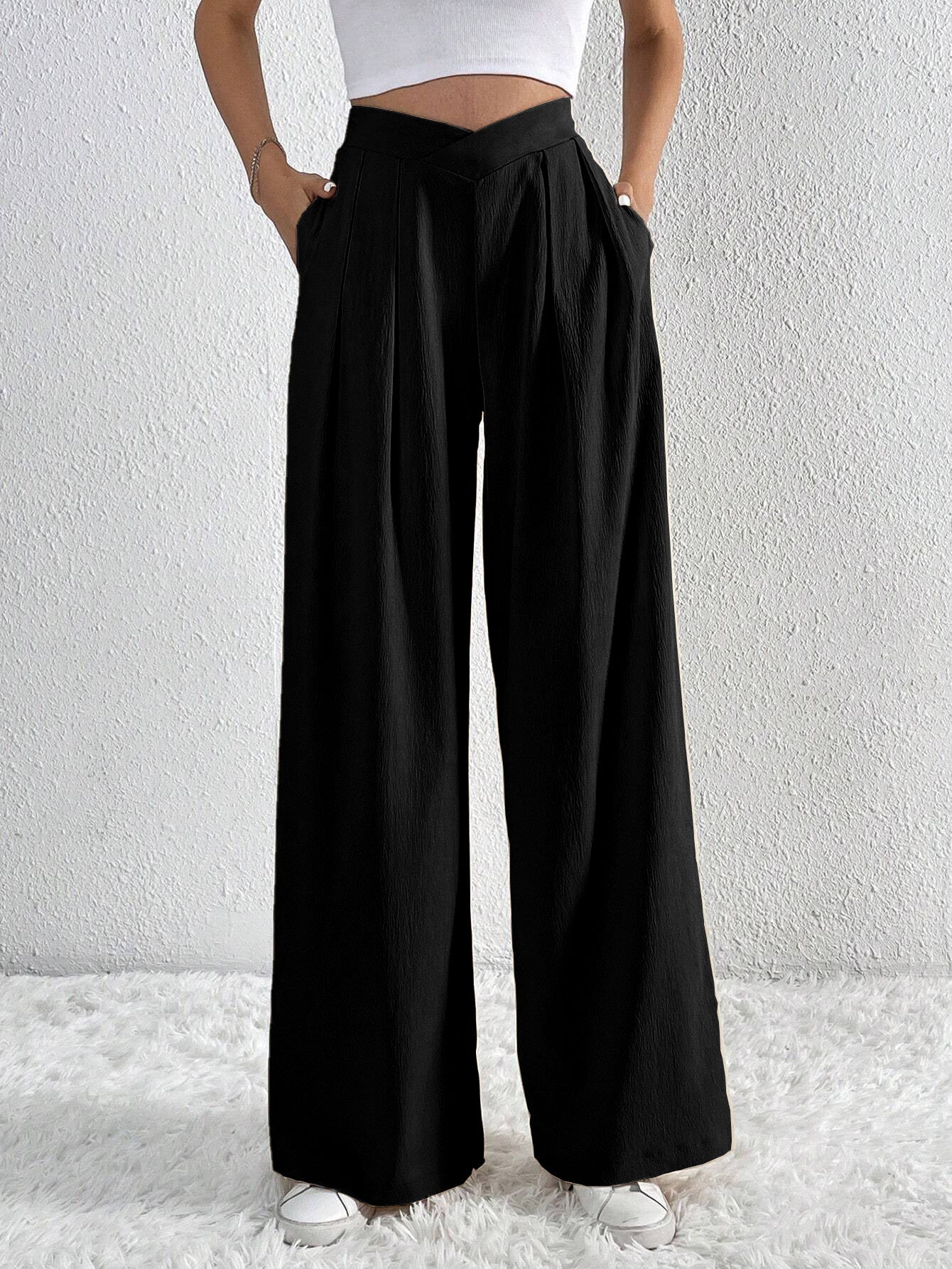 Summer New Solid Color Pleated Casual Wide-leg Pants Loose Casual Women's Commuting Versatile Style Comfortable TrousersS Black