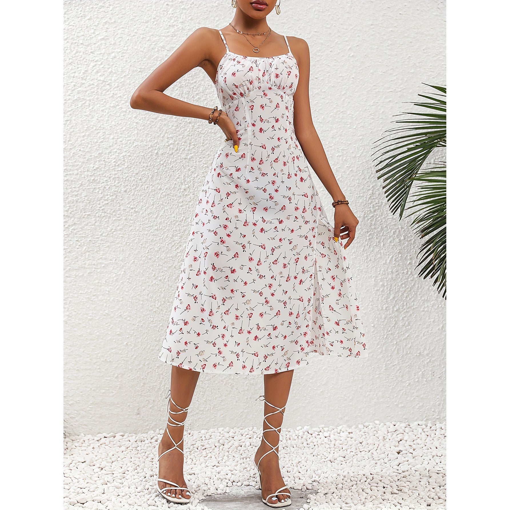 Polka Dot Split Suspender Maxi Dress White Dresses