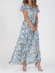 Floral Ruffle Short Sleeve Summer Dress Blue Dresses