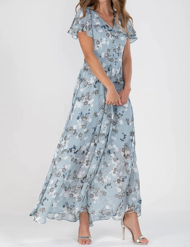 Floral Ruffle Short Sleeve Summer Dress Blue Dresses