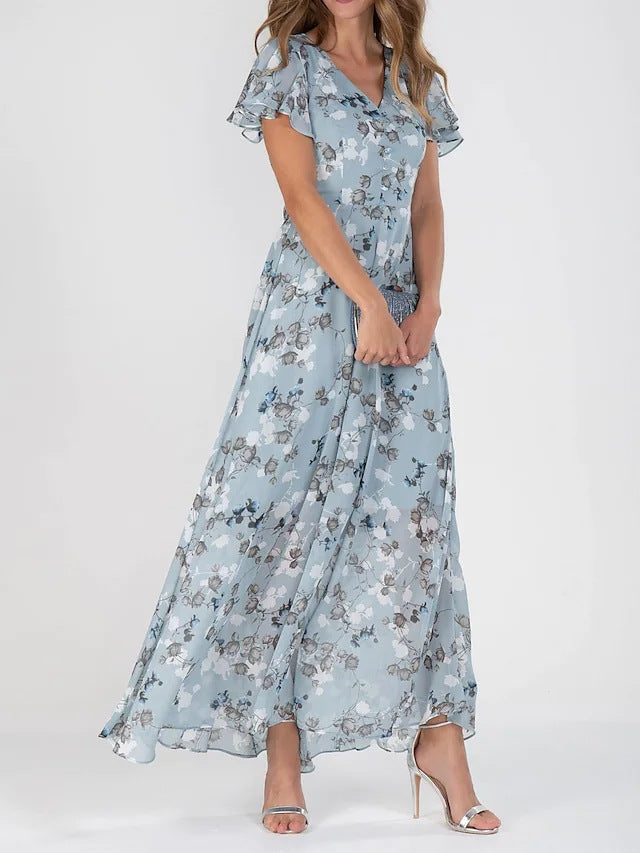 Floral Ruffle Short Sleeve Summer Dress Blue Dresses