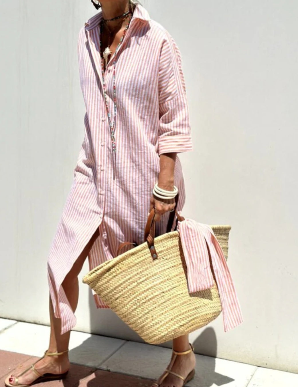 Striped Shirt Dress With Belt Orange Dresses