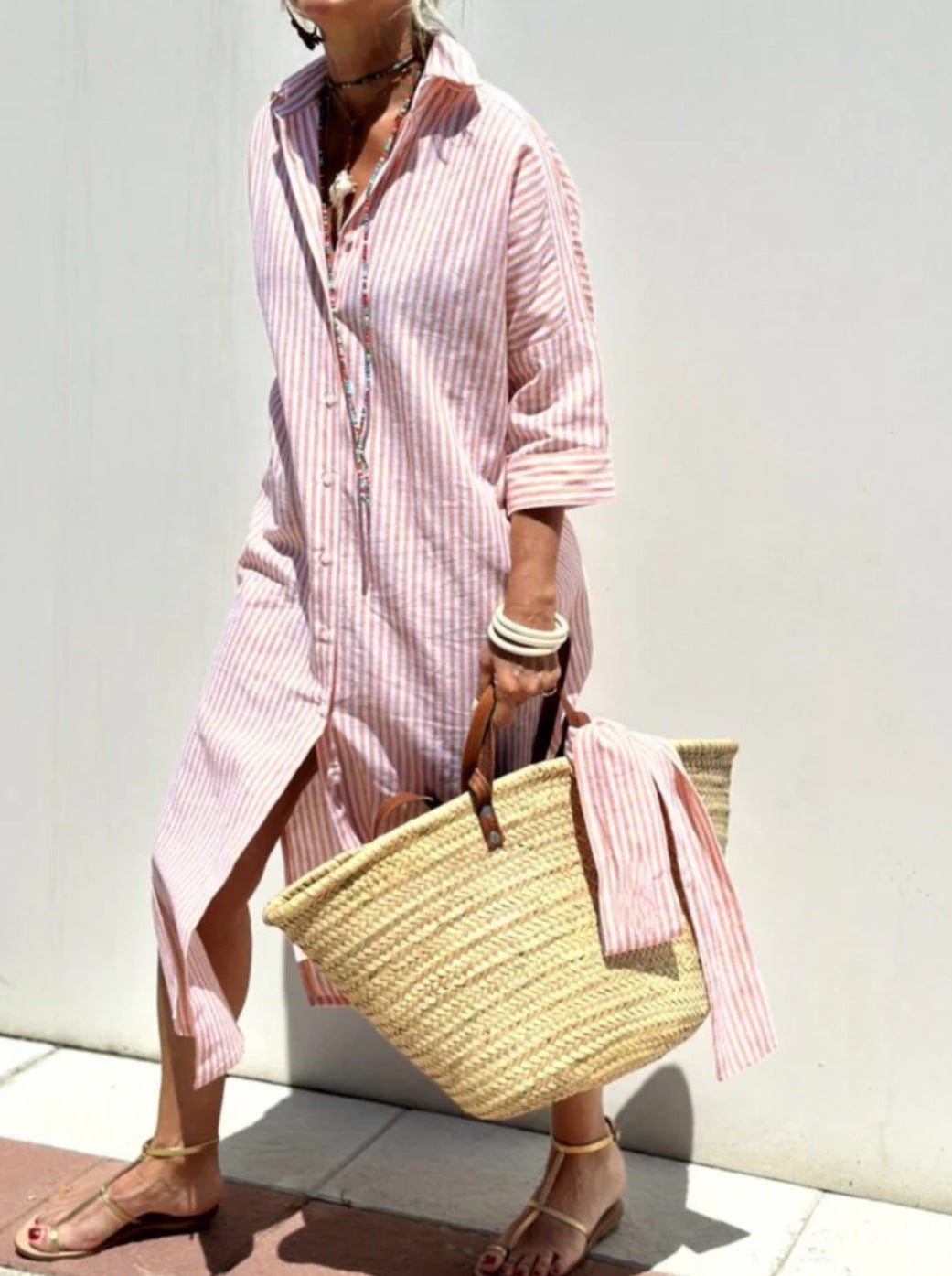 Striped Shirt Dress With Belt Orange Dresses