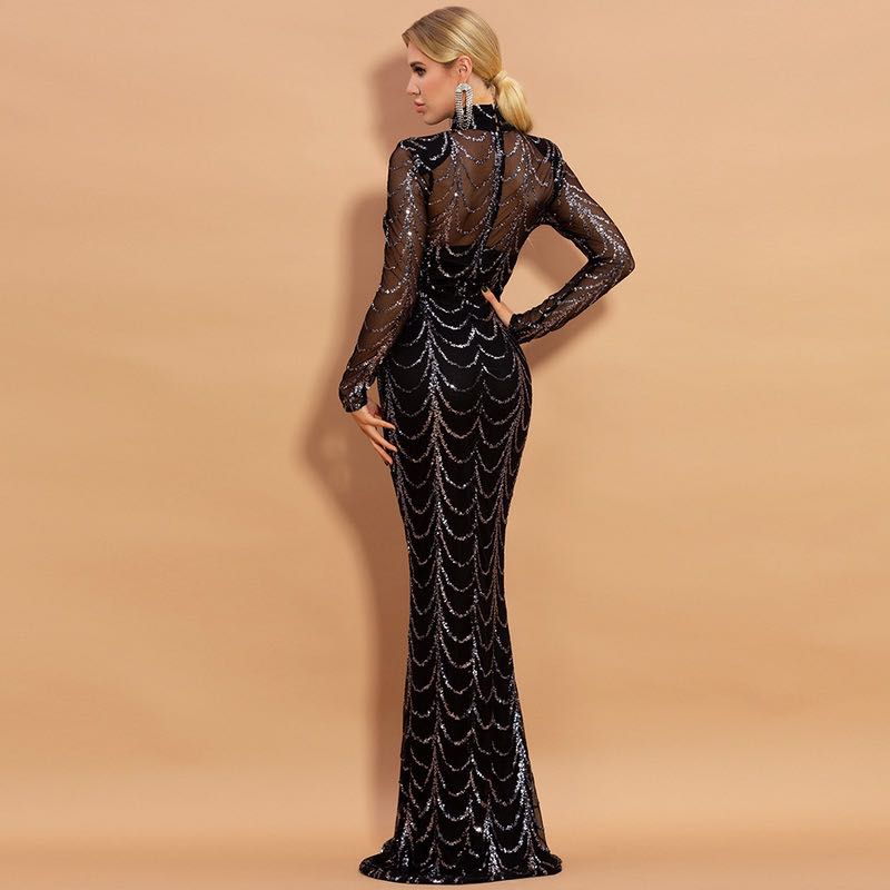 Elegant Sequin Long Sleeve Maxi Dress Dresses