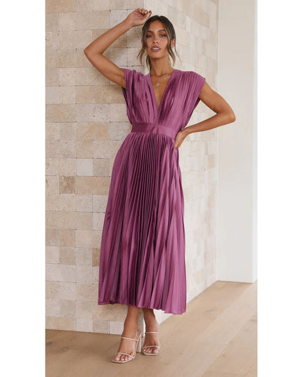 Summer V-Neck Pleated Sleeveless Dress – Casual Loose Fit with Zipper Closure Dress