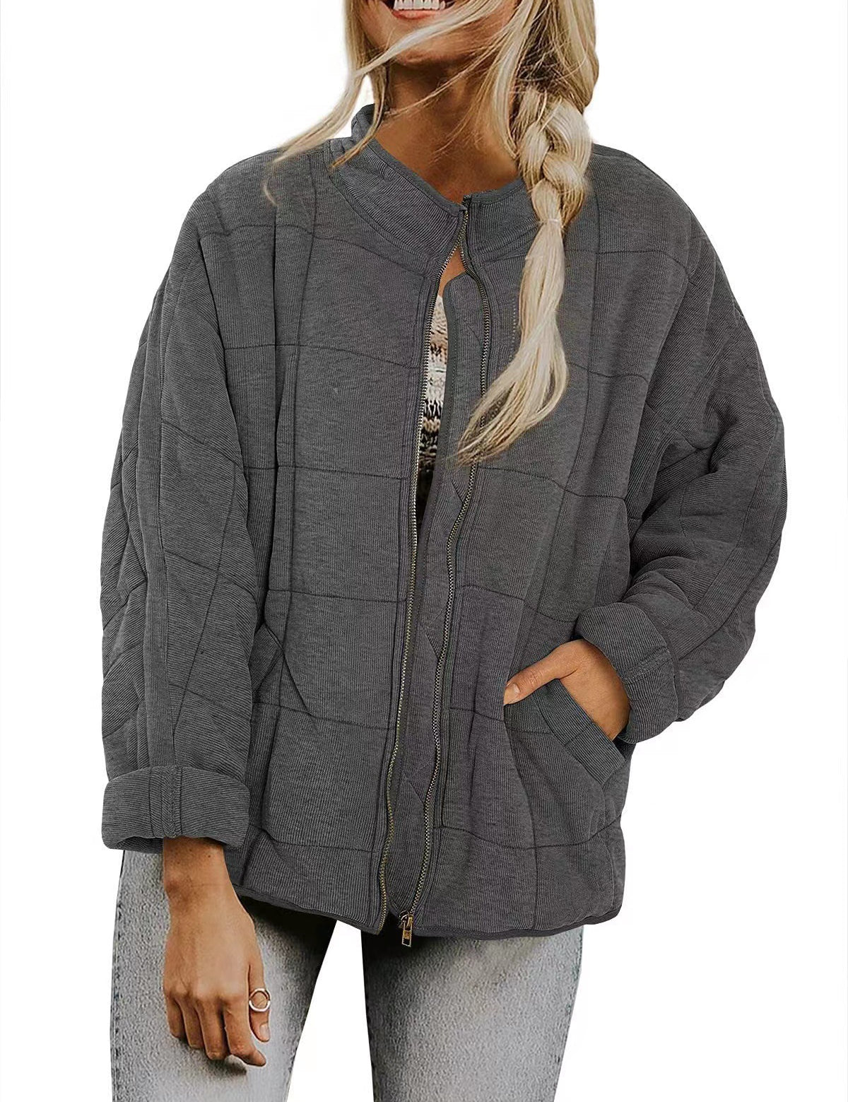 Plaid Stand-Collar Zip-Up Winter Coat for Women Dark Grey Coat