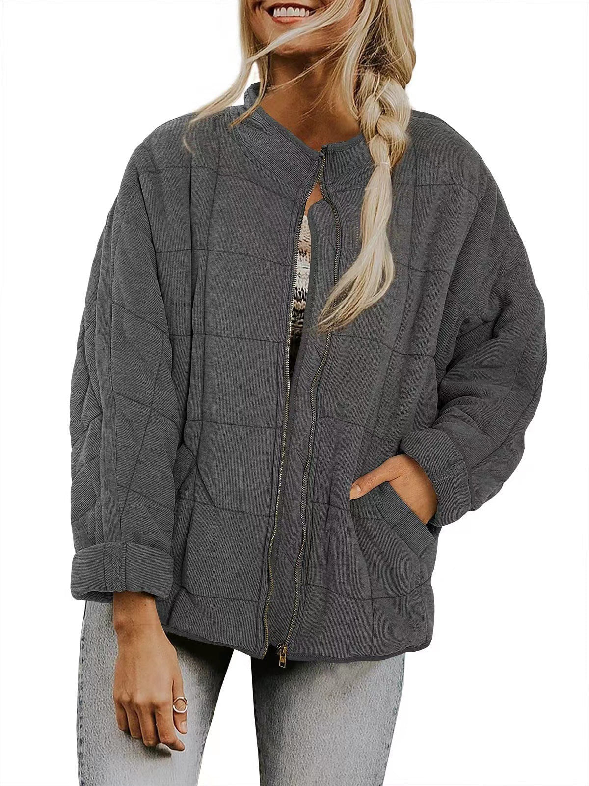 Plaid Stand-Collar Zip-Up Winter Coat for Women Dark Grey Coat