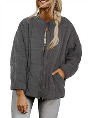 Plaid Stand-Collar Zip-Up Winter Coat for Women Dark Grey Coat
