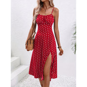 Polka Dot Split Suspender Maxi Dress Red Dresses