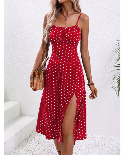 Polka Dot Split Suspender Maxi Dress Red Dresses
