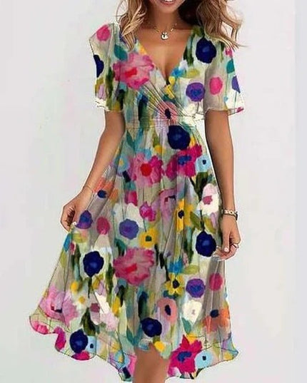 Women's Chiffon Printed V-Neck Dress Color Dress