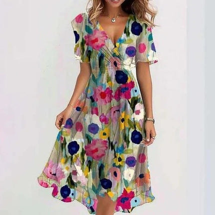 Women's Chiffon Printed V-Neck Dress Color Dress