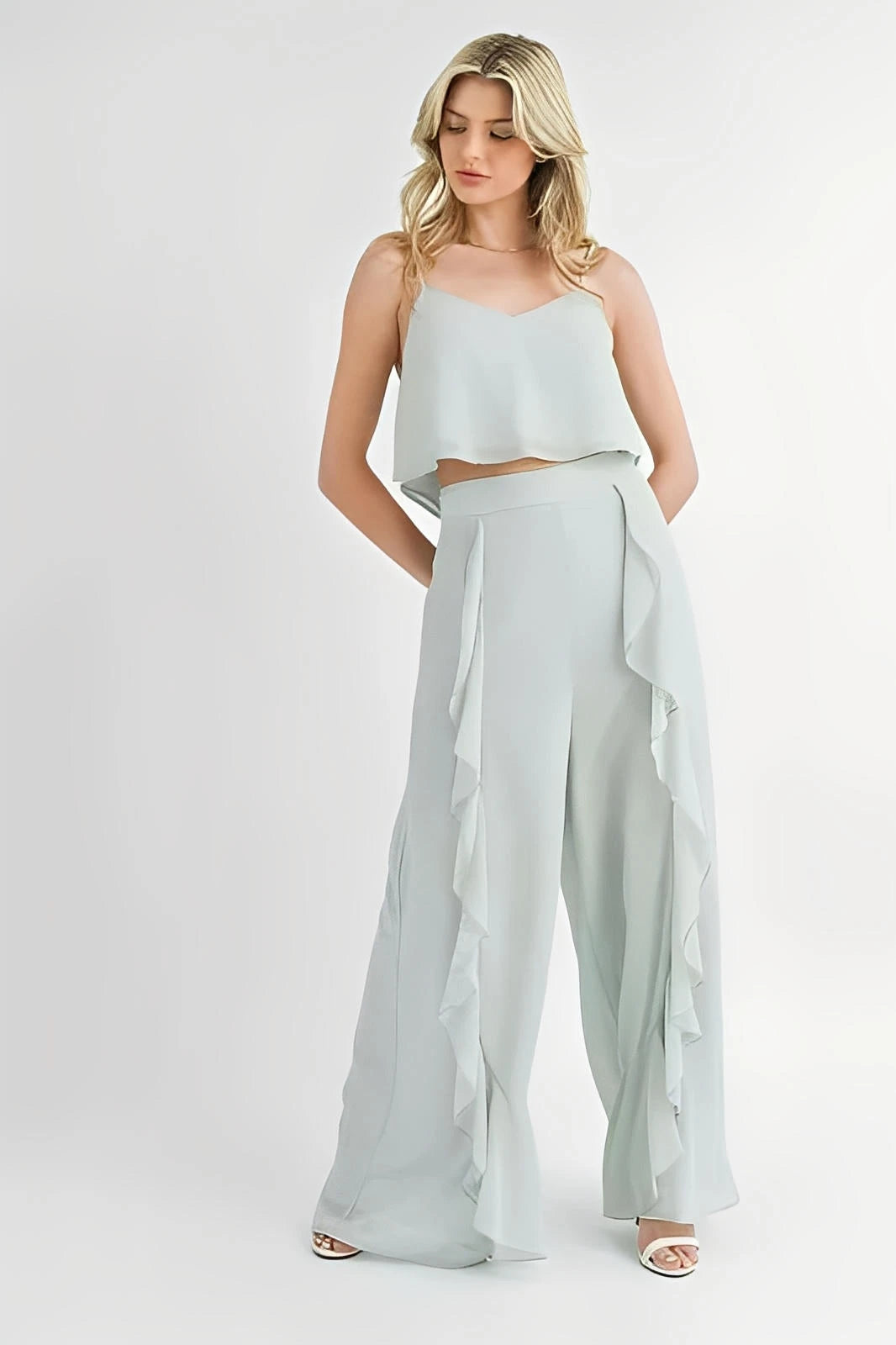 MABLE Crop Cami and Ruffled Wide Leg Pants Set
