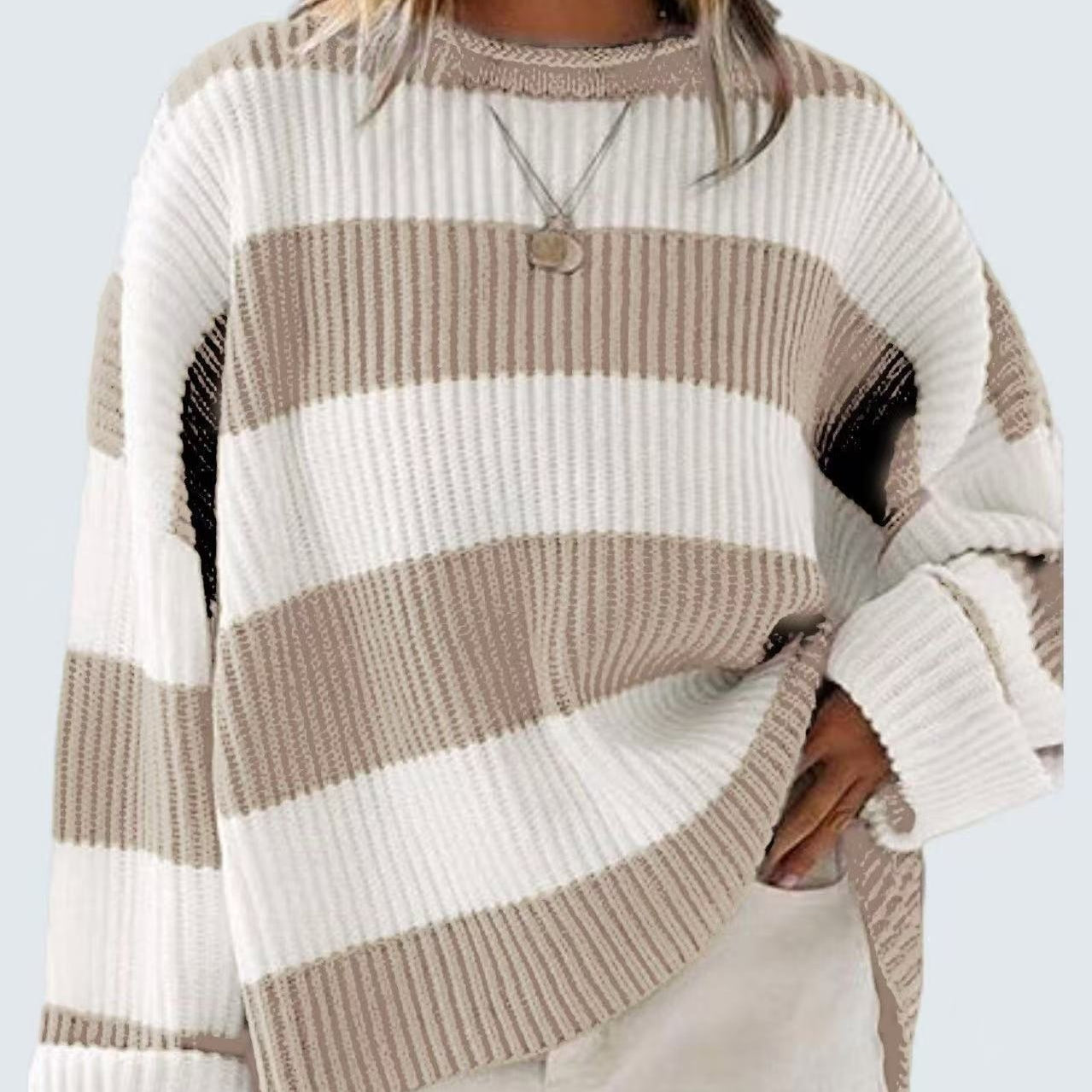 Striped Batwing Sleeve Knit Pullover Gray Woman, Sweaters