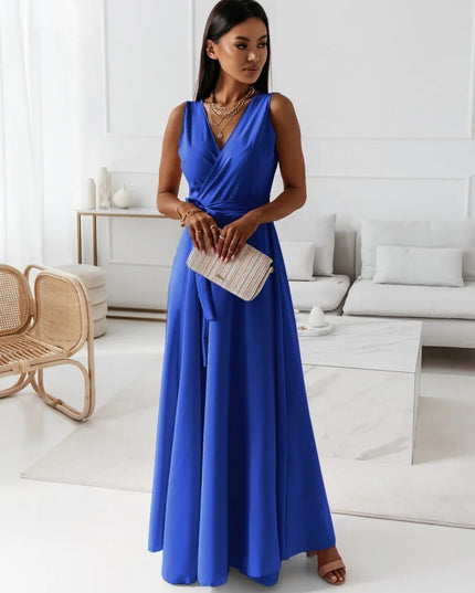 Women's V-Neck Sleeveless Belted Maxi Dress Blue Dress