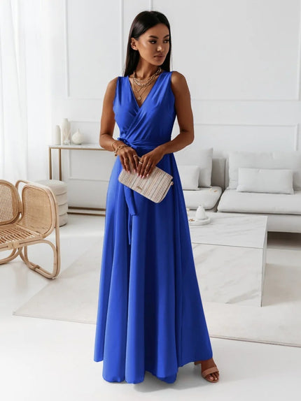 Women's V-Neck Sleeveless Belted Maxi Dress Blue Dress