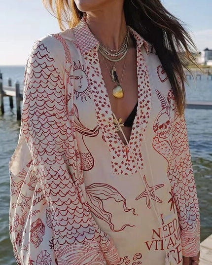 Flower Print Shirt Short Set Women Red Outfit Sets