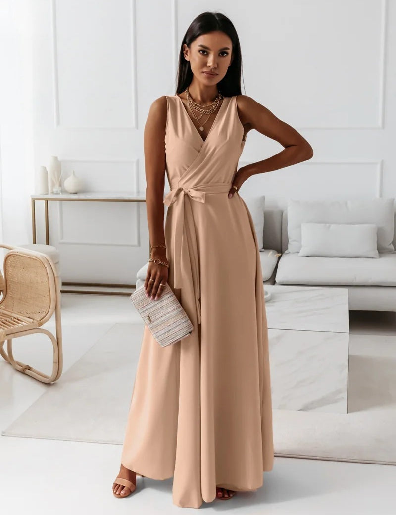 Women's V-Neck Sleeveless Belted Maxi Dress Khaki Dress