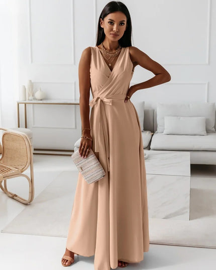 Women's V-Neck Sleeveless Belted Maxi Dress Khaki Dress